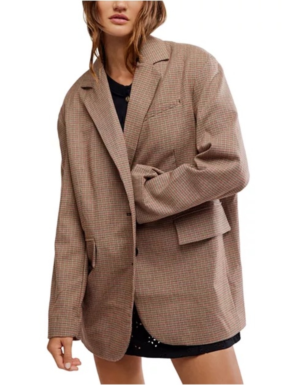 FREE PEOPLE Reggie Checked Blazer Oversize Jacket in Brown NWT $178